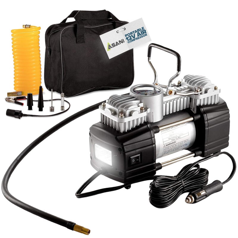 Asani 12V Air Compressor - Portable & Compact Tire Pump, 150 PSI Heavy-Duty Double Cylinder Tire Inflator with LED Flashlight, Ideal for SUVs, Off-Road, Trailer, Truck, Bike, Air Bed - Image 1